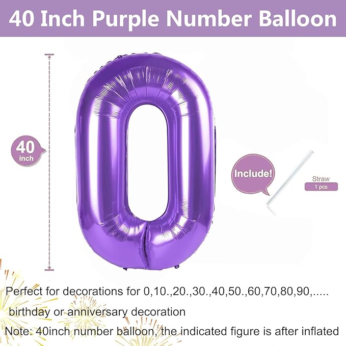 Purple Number Balloons, 40 Inch Purple Balloon 0.Birthday Decoration Children Girls Boys