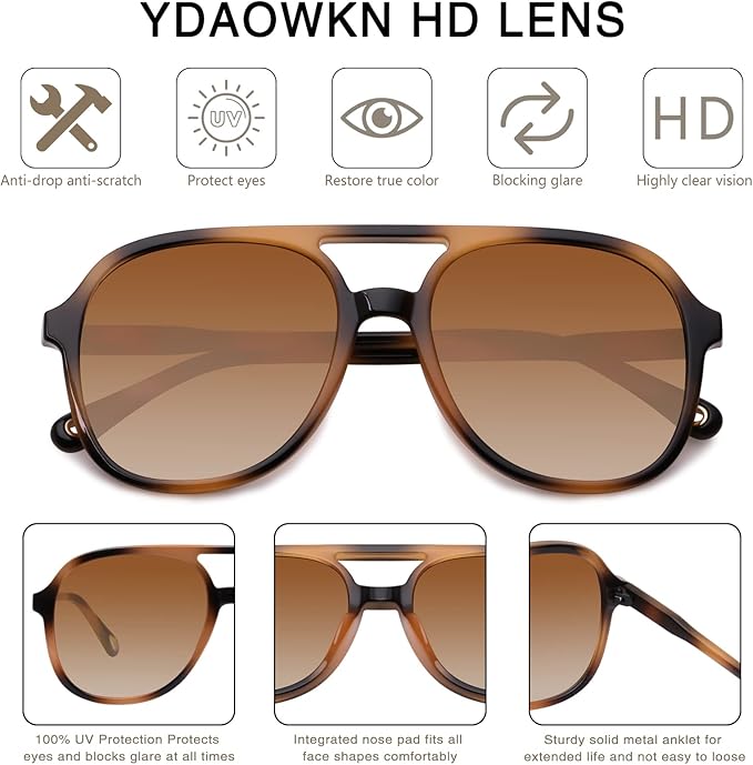 YDAOWKN Retro Square Aviator Sunglasses for Womens Mens Vintage 70s Double Bridge Sun Glasses
