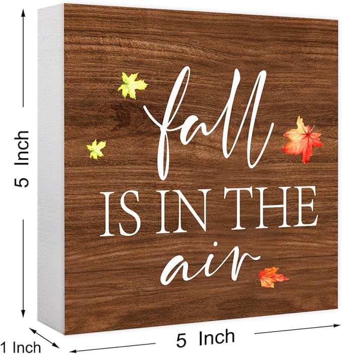 Funny Autumn Wood Box Sign Fall is in the Air Wooden Block Desk Decor for Home Office Kitchen Cubicle Table Shelf Tabletop,Farmhouse Fall Sign Decor