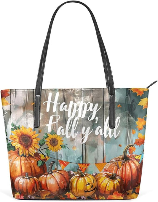 Harvest Pumpkins Fall Thanksgiving PU Leather Tote Bag for Women – Top Handle, Waterproof, Large Capacity Shoulder Bag for Travel Work Shopping