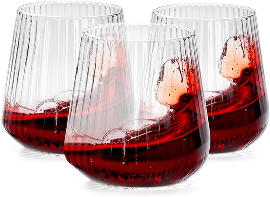 Ciaell 30 Pack Plastic Ribbed Wine Glasses - 14 OZ Thicker Origami Stemless Disposable Wine Champagne Whiskey Unbreakable Clear Cocktail Glass, Reusable Wine Cups for Home Party Wedding Bar