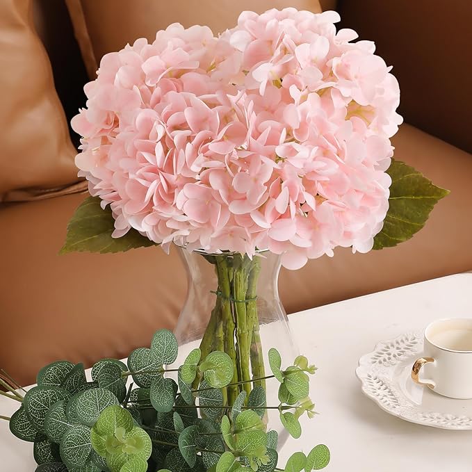 Tifuly Fake Hydrangea Artificial Flowers with Vase 4pcs Real Touch Faux Hydrangea with 3pcs Eucalyptus Stems for Wedding Centerpiece Home Party Table Decoration（Pink）