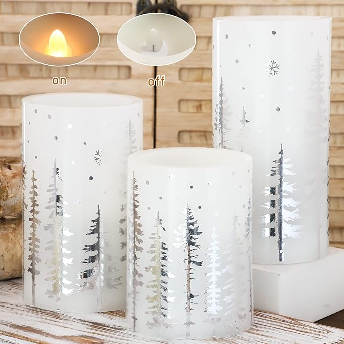 Christmas Flameless Candles, Battery Operated, Hot Stamping Silver Xmas Tree LED Flickering Candles with Remote and Timer, Holiday Decorative Pillar for Xmas, Party, Bedroom
