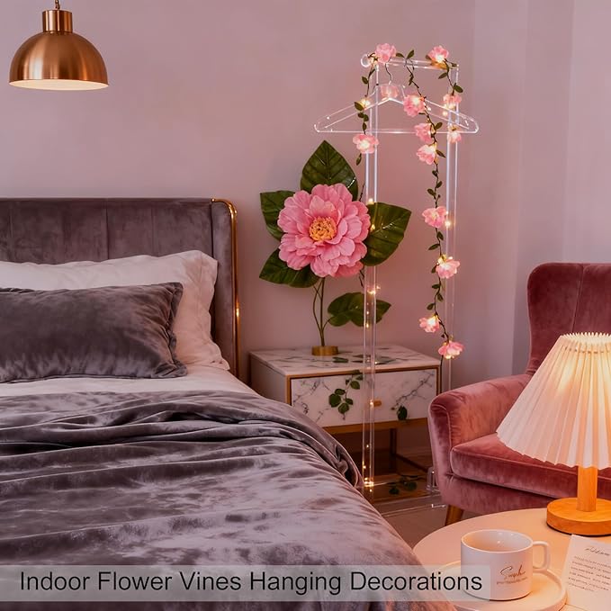 Decorative Fairy Vine Flower String Lights With Leaf, USB Plug In 16.5ft 50 LED Pink Cherry Blossom Garland Spring Decorations for Bedroom Wall Wedding Birthday Christmas Hanging Decor (Warm White)