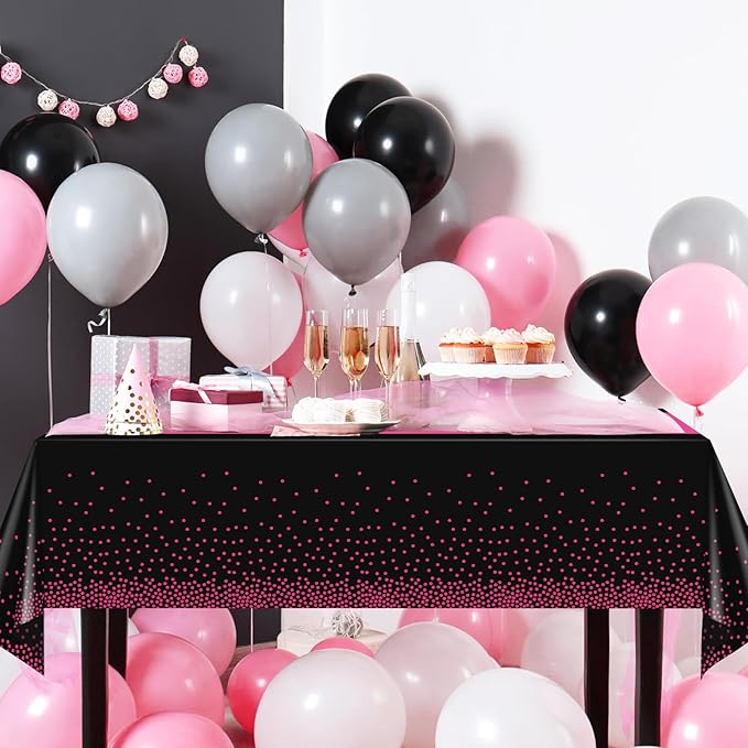 6Pcs Black Hot Pink Tablecloth Party Decorations,Plastic Black Table Cloth Printed Hot Pink Table Runner Disposable Rectangle Cover for Birthday Wedding Anniversary Graduation Party,54x108 Inch