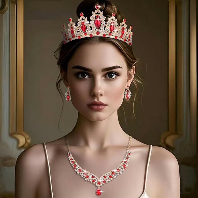 Tiaras and Crowns for Women,Tiaras Earrings Necklace, Crystal Bridal Jewelry Set (Red)