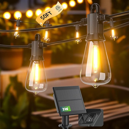 Kawaya Solar Powered String Lights: 50 FT LED Outdoor Patio Hanging Lights With 25+2 Edison Bulbs - USB-Charging - IP65 Waterproof