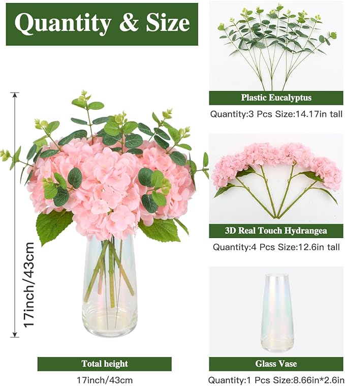 Tifuly Fake Hydrangea Artificial Flowers with Vase 4pcs Real Touch Faux Hydrangea with 3pcs Eucalyptus Stems for Wedding Centerpiece Home Party Table Decoration（Pink）