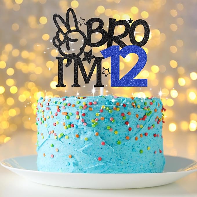 Bro I'm 12 Cake Topper, 12th Birthday Decorations for Boy, Glitter Funny 12th Birthday Cake Topper, Big Brother 12 Year Old Birthday Party Decoration Supplies