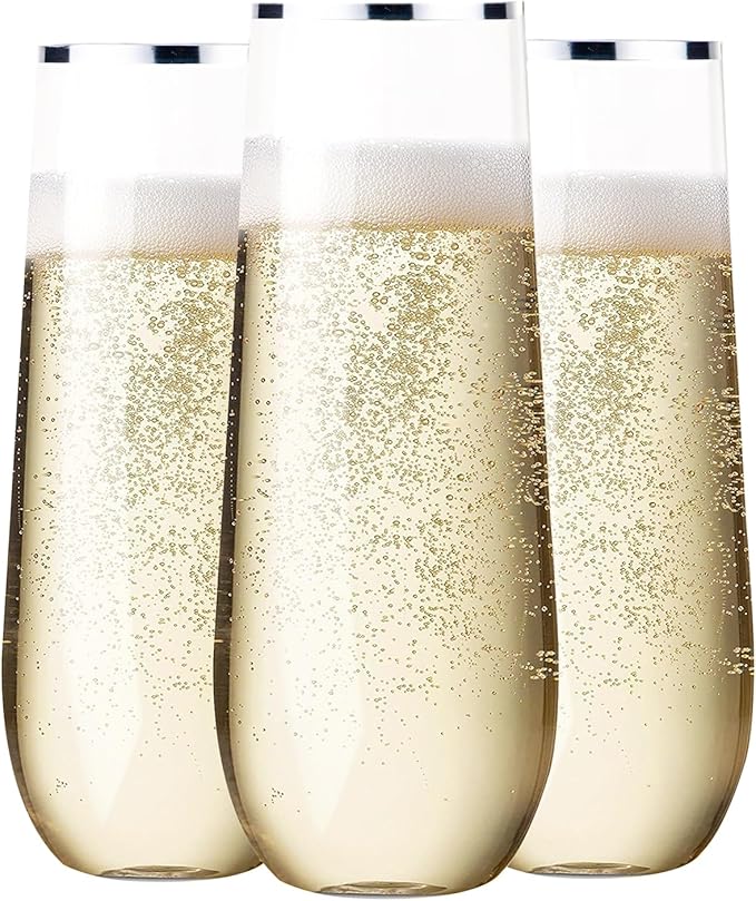 SUT 36 PCS Shatterproof Plastic Champagne Flutes, 9 Oz Clear Disposable Toasting Glasses with Silver Rim for Weddings, Parties, Mimosa & Cocktails(36 Pack)