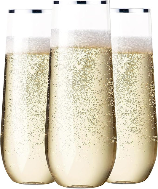 SUT 36 PCS Shatterproof Plastic Champagne Flutes, 9 Oz Clear Disposable Toasting Glasses with Silver Rim for Weddings, Parties, Mimosa & Cocktails(36 Pack)