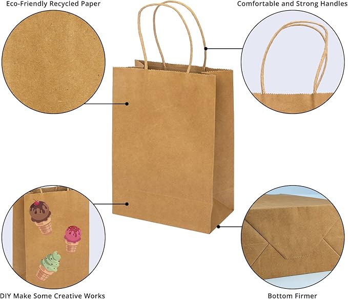 100 Pack Small Brown Kraft Gift Bags with Handles, 5.9x3.15x8.26 inch, Bulk for Birthday Party Favors