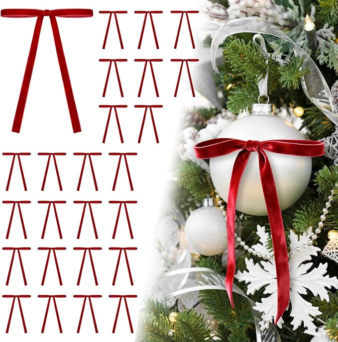 24Pcs Velvet Ribbon 5 x 7 Inch Christmas Ribbon 3/8 Inch Wide Christmas Bows Vintage Velvet Bows for Christmas Tree Red Bows for Christmas Tree Decorations