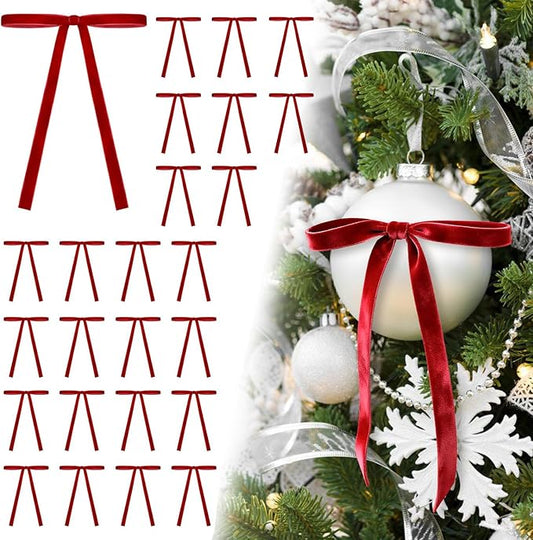 24Pcs Velvet Ribbon 5 x 7 Inch Christmas Ribbon 3/8 Inch Wide Christmas Bows Vintage Velvet Bows for Christmas Tree Red Bows for Christmas Tree Decorations