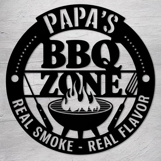 BBQ Grill Name Sign - Custom Barbecue Metal Sign - Outdoor Kitchen Decor - Man Cave Patio Hanging Accessories - Personalized Gifts for Dad, Husband, Grandpa