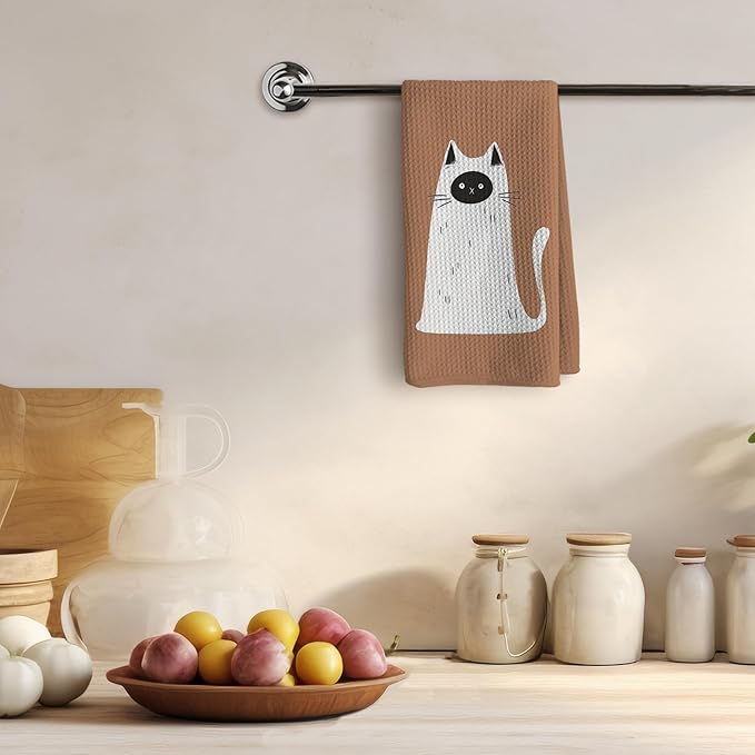 TNUW Ghost Cat Orange Kitchen Towels 16X24In, Halloween Cat Decorations Towels for Fall Kitchen Decor