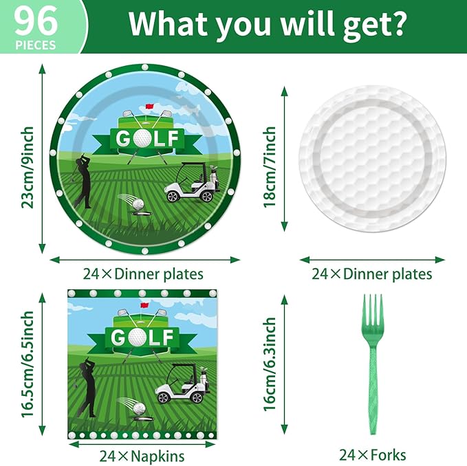 Golf Plates and Napkins Party Supplies - 96Pcs Golf Themed Birthday Party Decorations - Sports Paper Disposable Tableware Set for 24 Guests