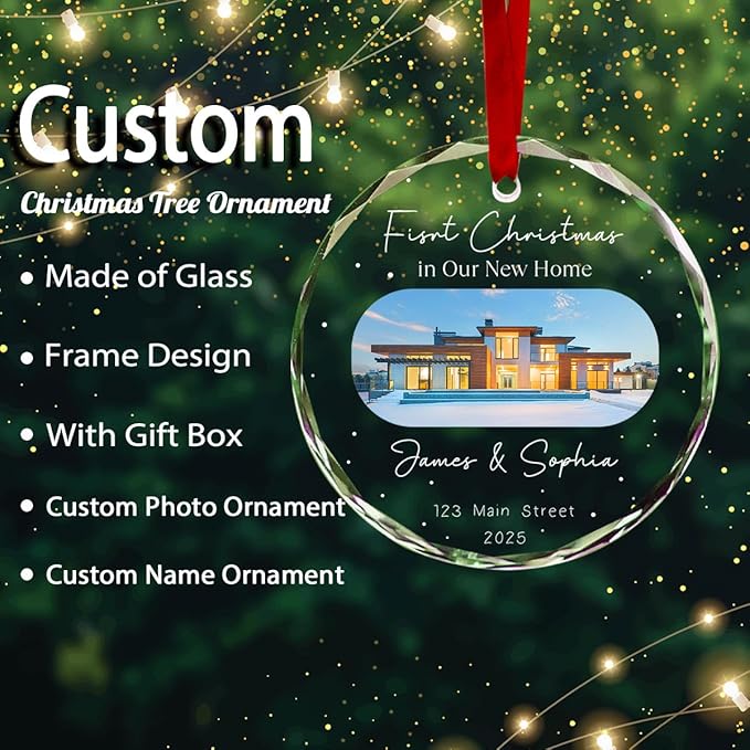 Personalized Round Christmas Crystal Glass Ornaments Custom Xmas 2025 Ornament for Christmas Tree Decorations Customized First Christmas in New Home Tree Hanging