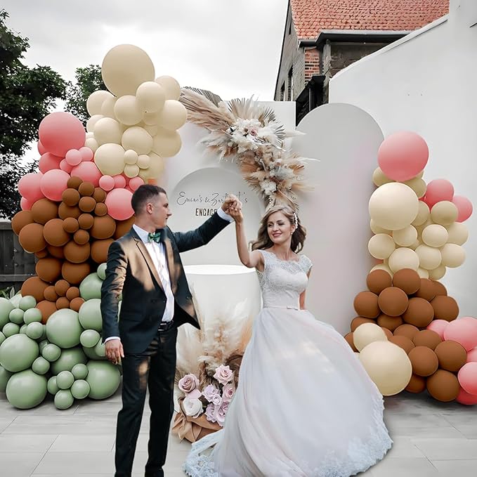 Pink Green Brown White Balloon Garland Arch Kit, 166Pcs Blush Pink Pastel Green White Sand Tan Brown Boho Balloons for Baby Shower Birthday Wedding Safari Jungle Woodland Party Decorations