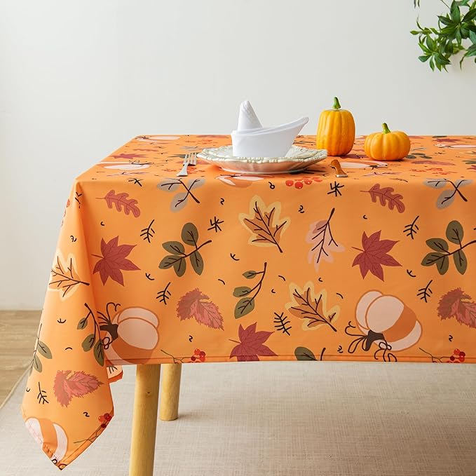 Thanksgiving Waterproof Tablecloth – Fall Harvest Pumpkins, Maple Leaves & Berries Print – Autumn Rectangle Table Cover for Dining or Party, Brown, W52 x L70 in