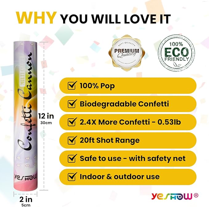 Confetti Cannon Party Poppers Biodegradable Shooters, (6 Pack) YESHOW Multicolor Confetti Blaster for Birthday Graduation Wedding Christmas New Year’s Eve
