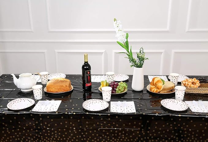 12 Pack Plastic Tablecloths for Rectangle Tables, Black and Gold Waterproof Disposable Party Table Cloths, Table Covers for Decorations, Graduation, Birthday, Cocktail Party, 54" x 108"