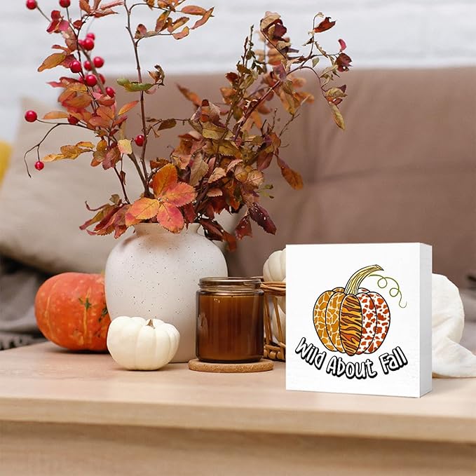 Funny Autumn Pumpkin Wood Box Sign Whild About Fall Wooden Block Desk Decor for Home Office Kitchen Cubicle Table Shelf Tabletop,Farmhouse Fall Sign Decor