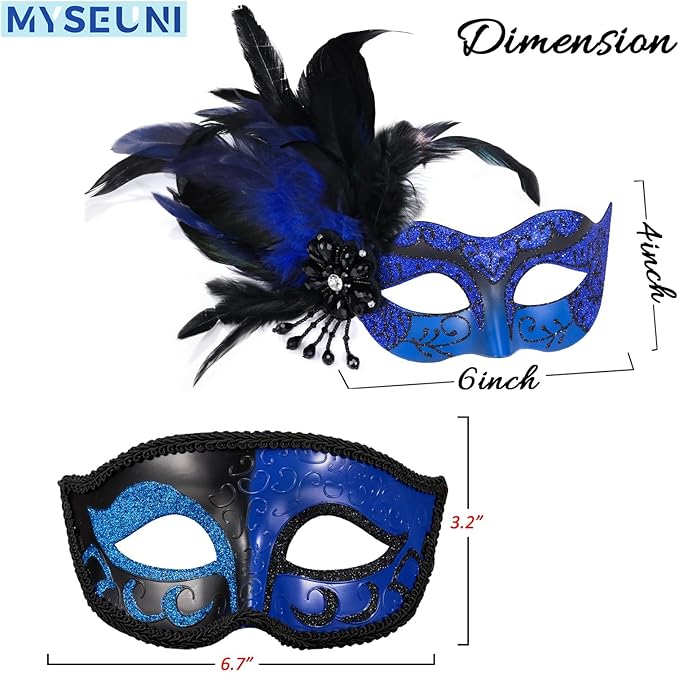 2025 New Masquerade Mask with Feather for Couples - Women's Masquerade Mask with Feather & Men Venetian Costume Mask