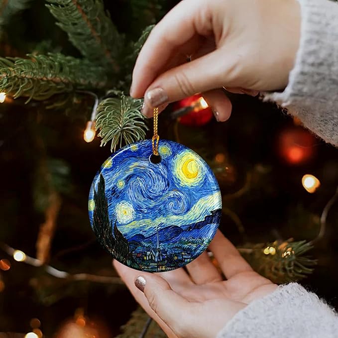 Starry Night Style Christmas Ornaments, Christmas Ornaments Ceramic Art Ornament Starry Night by Van Gogh – Artist Ornaments for Christmas Tree, Elegant Blue Ornaments for Tree, Art Holiday Decor