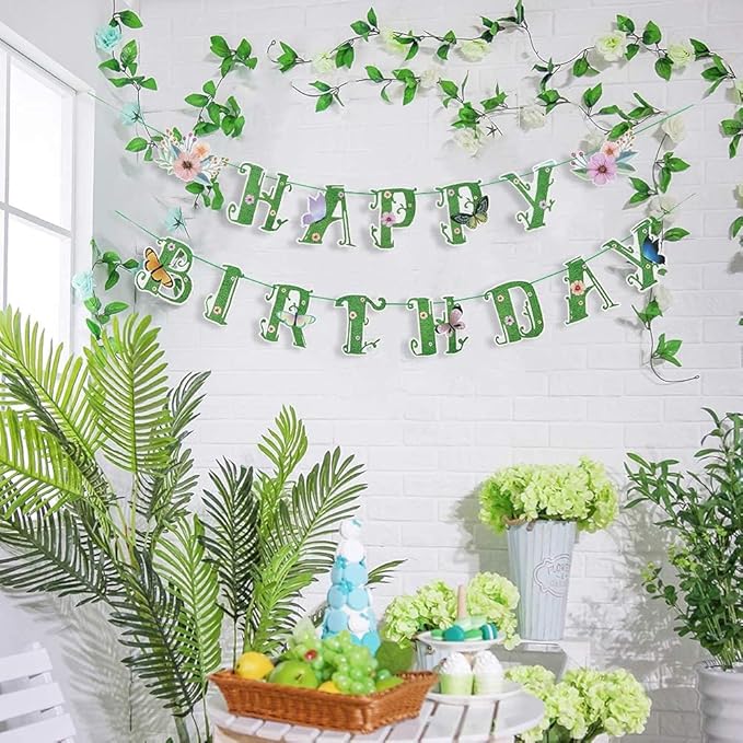 SUNBEAUTY Summer Wildflower Happy Birthday Banner Green Spring Butterfly Flowers Banner Summer Spring Butterfly Birthday Garland Sign Party Decorations Set | Pre-Strung
