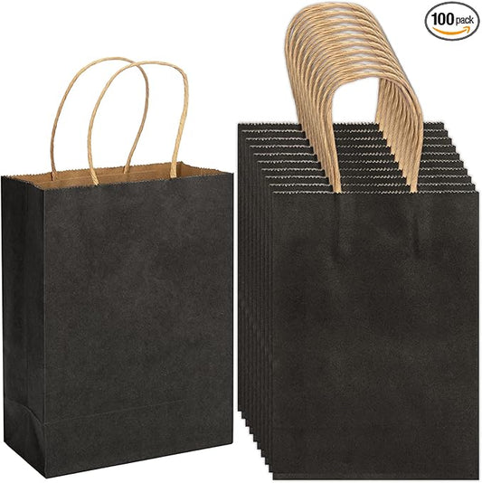 100 Pack 5.9x3.15x8.26 inch Small Gift Bags, Kraft Black Bags with Handles Bulk for Birthday Party Favors,Gift Paper Bags,Retail Shopping Business Goody Craft Gift Bags