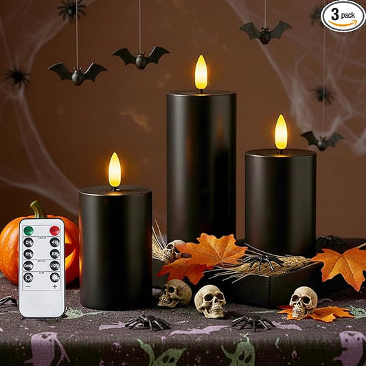 Homemory Halloween Black Flameless Candles Battery Operated with Remote Timer, Real Wax LED Pillar Candle for Halloween Decoration Indoor and Home Decor Gifts, H456, Set of 3