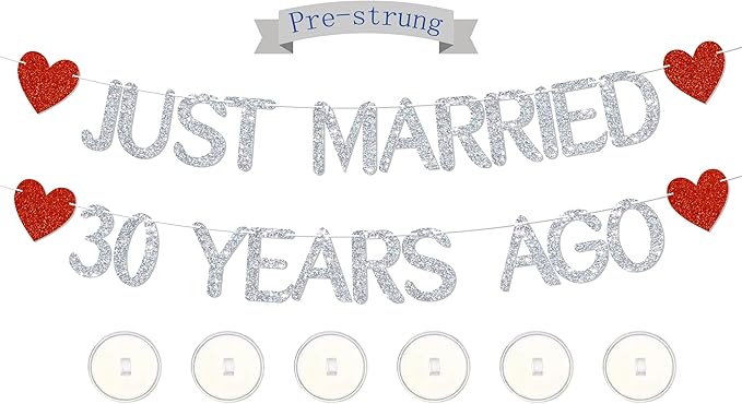 Just Married 30 Years Ago Glitter Banner,With adhesive hooks-NO DIY,30th Wedding Anniversary Party Decorations, We Still Do 30th Decor, 30 Years Blessed & Loved Decorations Supplies Silver&Red Glitter
