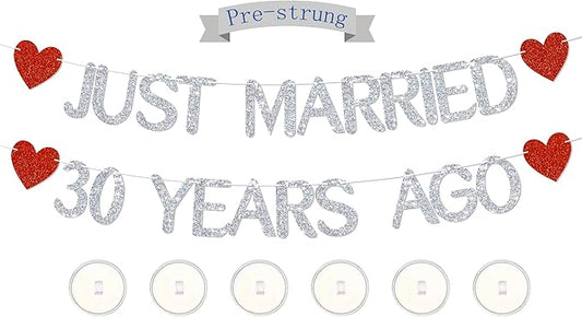 Just Married 30 Years Ago Glitter Banner,With adhesive hooks-NO DIY,30th Wedding Anniversary Party Decorations, We Still Do 30th Decor, 30 Years Blessed & Loved Decorations Supplies Silver&Red Glitter