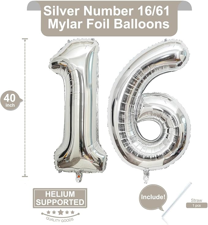 40 Inch Silver 16 Number Balloons Giant 16 or 61 Balloons Silver Birthday 16 Balloons 16th Birthday Anniversary Party Decorations Supplies