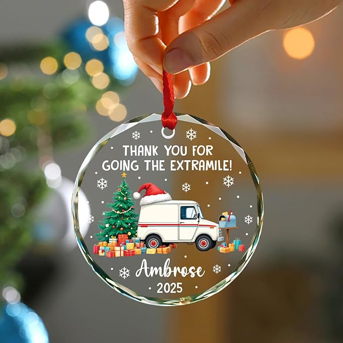 Personalized Mail Carrier Christmas Tree Ornament 2025, Thank You for Going The Extra Mile! Glass Ornaments for Postman, Postal Worker Christmas Keepsake Gifts, Mailman Xmas Ornament Custom Name