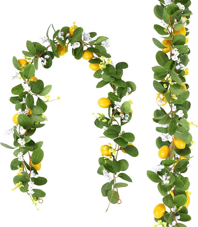 U'Artlines 4Pcs Total 22 Ft Artificial Lemon Garland Spring Summer Faux Fruit Vine Garlands with Greenery for Door Wall Mantle Wedding Party Table Decorations