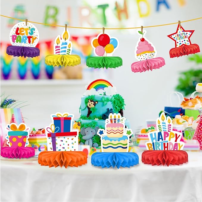 Happy Birthday Decorations Set - Colorful Themed Honeycomb Centerpiece, Table Decoration for Kids' Birthday Party Supplies