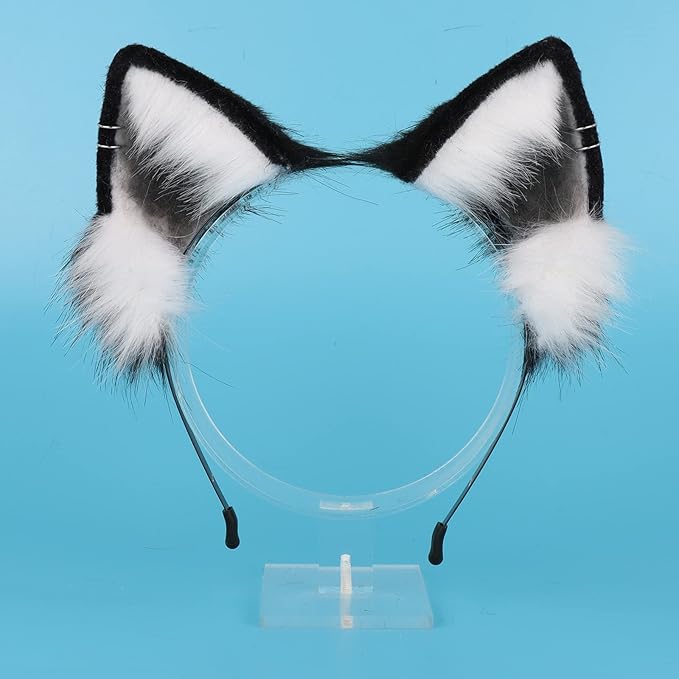 QinRuan Animal Cosplay Costume Accessories Furry Faux Fur Cat Ears Headband and Fox Tail Set Halloween Accessory