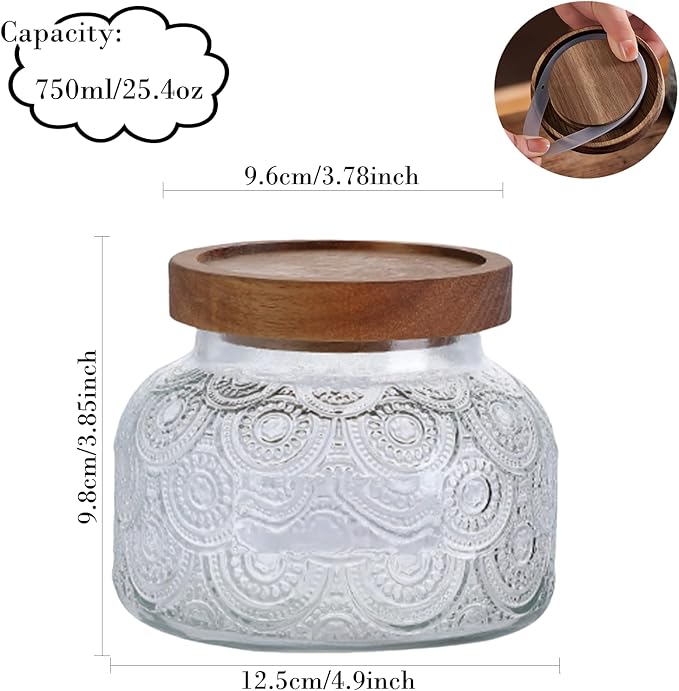 ANSQU Vintage Glass Storage Jar, 25.4 FL OZ Food Storage Jar with Solid Wooden Lid, Tea Bag Organiser for Home Kitchen Decor, Holds Oats, Jam, Coffee, Candy, Biscuits and Sugar (Round Flower)