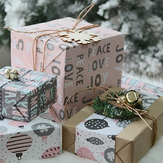 WRAPAHOLIC Christmas Wrapping Paper Set - Rustic Kraft Pink and Grey Christmas Kraft Wrapping Paper Bundle with Gift Bow & Ribbon & Tag & Sticker, Perfect for Birthday, Holiday, Party
