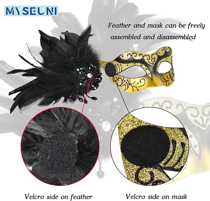 2025 New Masquerade Mask with Feather for Couples - Women's Masquerade Mask with Feather & Men Venetian Costume Mask
