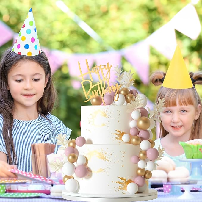 MIAHART Ball Cake Toppers Boho Grass Cake Topper Ball Cake Insert Decoration for Birthday Wedding Baby Shower Party Decorations Boho Themed Party Supplies (white，gold，pink)