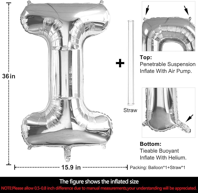 Lovoir 40 Inch Large Silver Letter I Balloons Big Size Jumbo Mylar Foil Helium Balloon for Birthday Party Celebration Decorations Alphabet Silver I