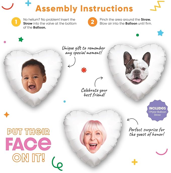 Big Dot of Happiness Personalized Fun Face Photo Heart Balloons, Custom Birthday Balloons, Anniversary Party Decorations, Baby Shower, Bachelorette Party, Double-Sided Mylar Balloon, 1 Piece