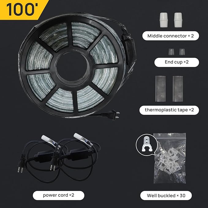 100ft Outdoor LED Rope Lights 1080 Connectable Flexible Tube Lights, IP65 Waterproof Rope Lighting for Garden Patio Pool Bedroom Party Christmas Halloween Holiday Indoor/Outdoor Decoration, Cold White