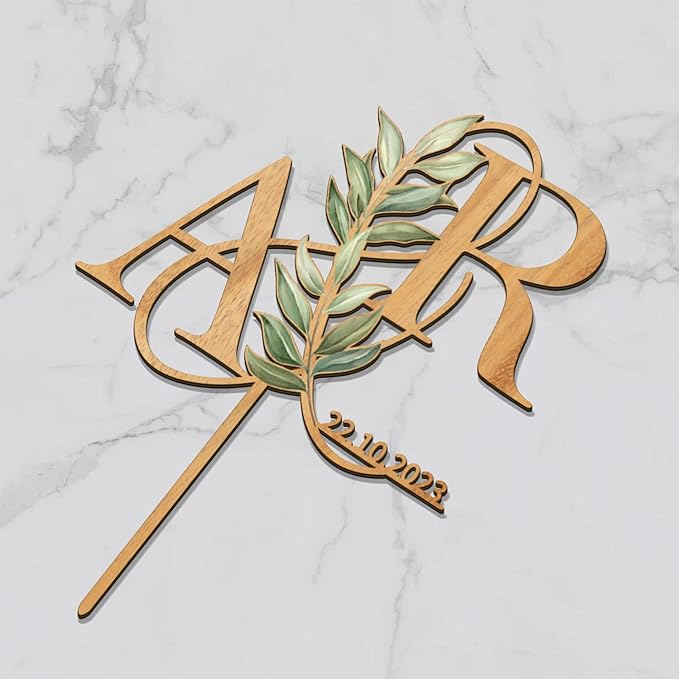 Personalized Wedding Cake Topper in Wood Custom Bride and Groom Initial Cake Topper Cake Decoration (Green Leaves)