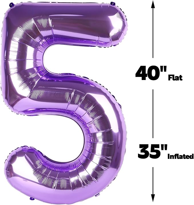 Purple 40 Inch Large Number 5 Birthday Balloon, Five 5th 15 25 35 50 55 Birthday Celebration Decorations, Foil 5 Mylar Helium Number 5 Balloons Girl Boy Anniversary Party Supplies