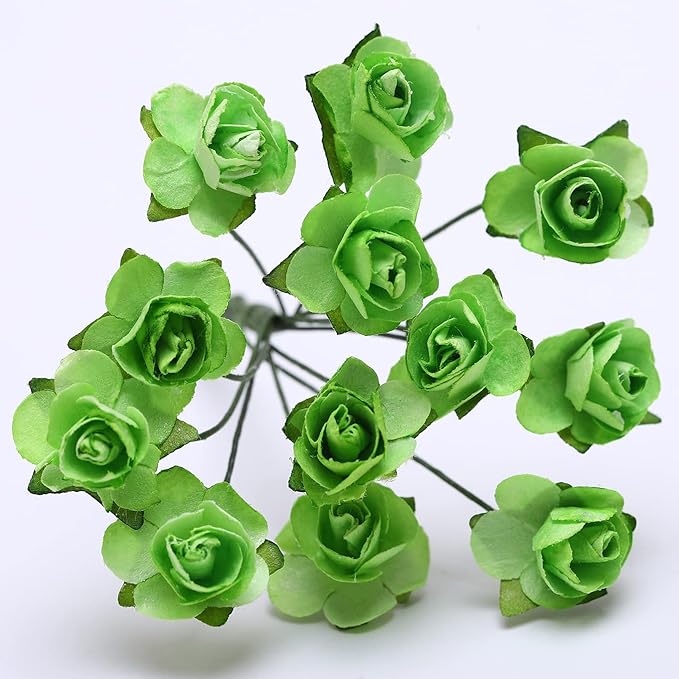144pcs Mulberry Paper Mini Roses Artificial Flowers Heads with Stems for DIY Crafts Accessories Make Bridal Hair Clips Headbands Dress Wedding Bridal Bouquet Party Home Decor Valentine's (Light Green)