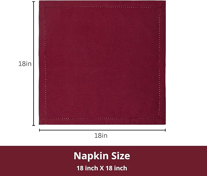 PurpleEssences Set of 6 Hemstitch Cloth Dinner Napkins 100% Cotton - Soft Durable Washable - Ideal for Wedding Christmas Holiday Winter - Perfect Everyday Use Table Linen 18x18 - Burgundy